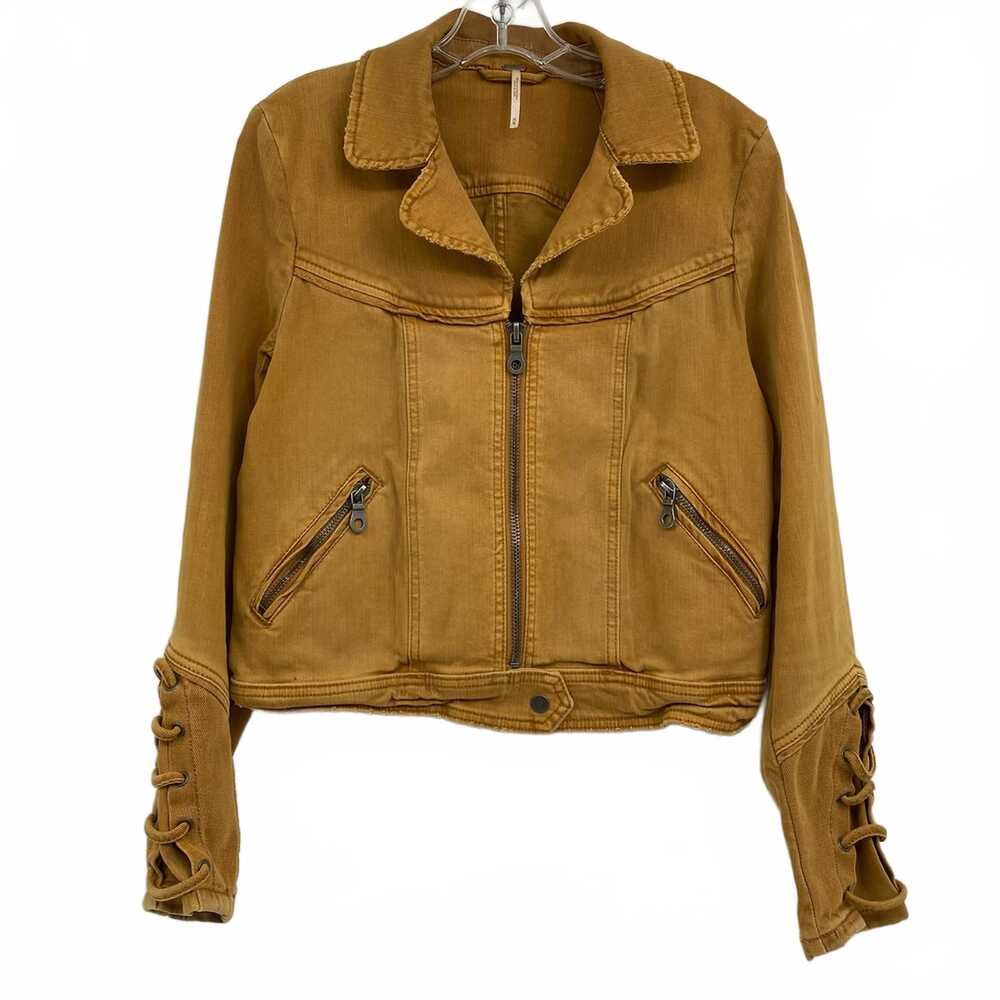 Free People Brown Lace-Up Sleeve Denim Jacket | Womens M